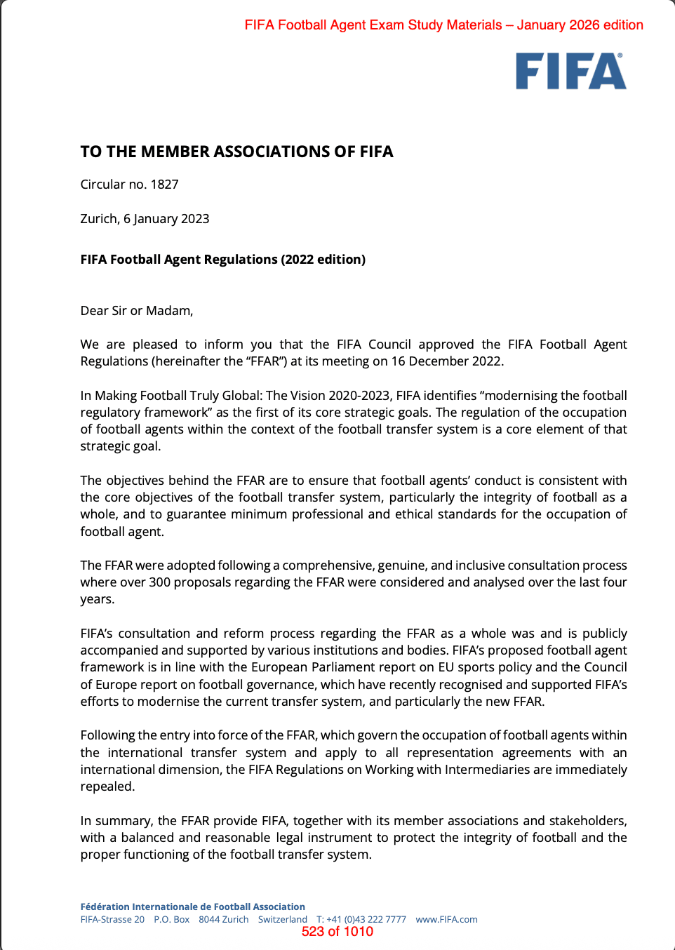 FIFA circulars support materials